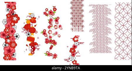 Set of traditional chinese seamless vertical borders patterns decorations. Vector graphic chinese new year traditional elements. Spring season. Stock Vector