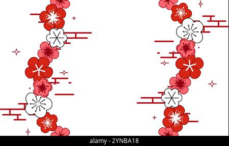 Chinese New Year greeting card vertical seamless border asian patterns, oriental flowers, sakura blossom. Vector graphic illustration. Place for text Stock Vector