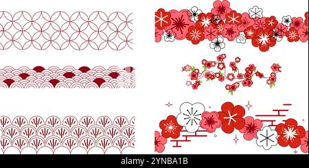 Vector illustration seamless borders of Korean chinese traditional elements pattern. Graphic set on transparent background Stock Vector