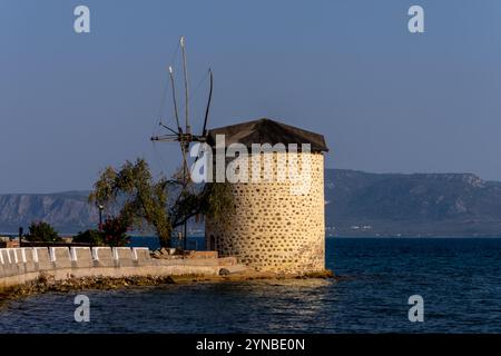 Old windmill at Perama, Lesbos, Greece.Lesbos or Lesvos is a Greek island located in the northeastern Aegean Sea Stock Photo