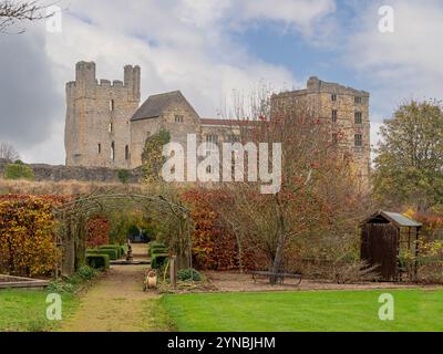 Helmsley Castle seen from the Helmsley walled garden Stock Photo