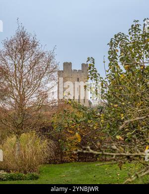 Helmsley Castle seen from the orchard of Helmsley Walled Garden. North Yorkshire, UK Stock Photo