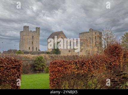 Helmsley Castle seen from the Helmsley Walled Garden. North Yorkshire, UK Stock Photo