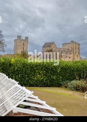 Helmsley Castles seen from Helmsley Walled Garden. North Yorkshire. UK. Stock Photo