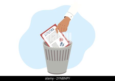 Academic diploma of education in hand of graduate throwing document from university into trash Stock Vector