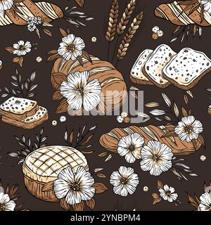 Bread baked goods wheat rustic flowers seamless pattern vector Stock Vector