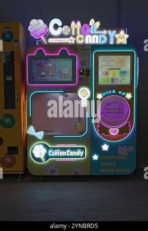 A cotton candy vending machine outdoors at Woodbury Common Premium Outlet in Orange County, New York. Stock Photo