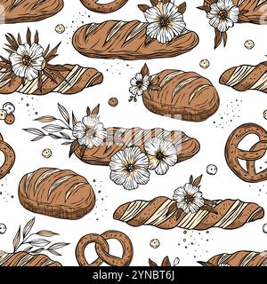 Bread loaf pretzel flower pastry seamless pattern vector on white background Stock Vector
