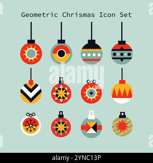 Christmas geometric decoration round tree toys icons illustration set vector flat style Stock Vector