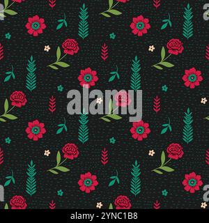 Vector seamless pattern roses leaves fantasy flowers cute dark background forest mystical Stock Vector