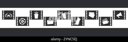 Cinema movie icon silhouettes in filmstrip frames. 3D glasses, film reel, popcorn, clapperboard, soda, film strip, cinema tickets, movie camera and me Stock Vector