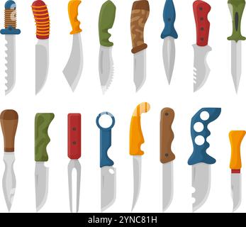 Flat survival knives. Hiking camping hunting equipment with blades. Knife for self care or defense. Cold weapons, tools for cutting, neoteric vector Stock Vector