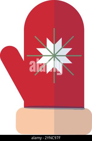 Warm fluffy Christmas mitten with snowflake. Modern geometric Christmas flat design. Holiday theme clip art. Stock Vector