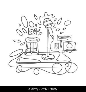 Single continuous line drawing microphone and stool on stand-up comedy stage. Equipment at nightclub or bar for stand-up comedian performance. Music s Stock Vector