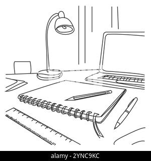 Workplace in continuous one line art style. Office desk with monitor and a chair. Simple vector illustration. Stock Vector