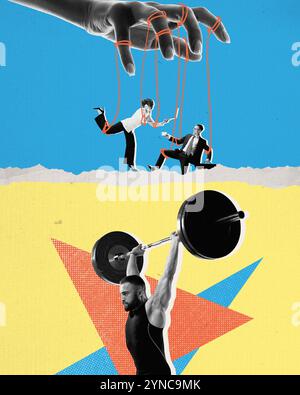 Contemporary art collage. Power. Composite image combining hand manipulating marionette strings controlling people and weightlifter lifting barbell, Stock Photo
