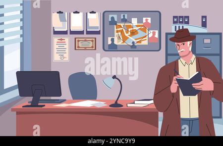 Detective office interior with private police agent character. Investigation work, man thinking about evidences and writing in notebook. Investigator Stock Vector