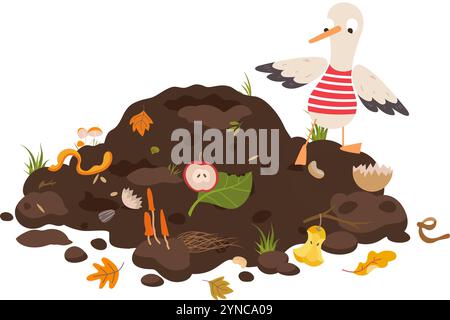 Funny seagull is poking around in compost heap. Sea bird finding food, ocean ecology problems. Cartoon organic trash in soil, leaves and fruits Stock Vector