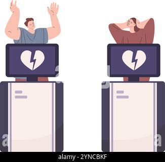 Dramatic male female with broken hearts on x-ray monitor. Disappointment in love relationship or friendship, romantic characters vector scene Stock Vector