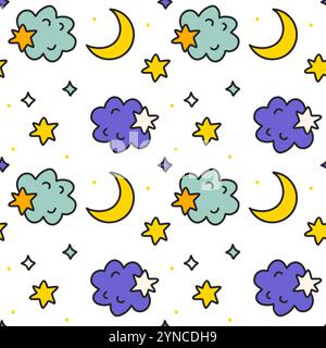 Cute kids seamless pattern doodle clouds roses moon good night sky Stock Vector