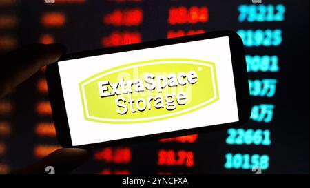 Konskie, Poland - November 24, 2024: Extra Space Storage company logo displayed on mobile phone Stock Photo