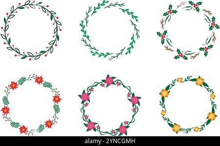 Set of christmas wreath flowers on white Stock Vector