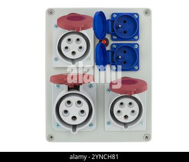 Industrial power socket panel with protective covers Stock Photo