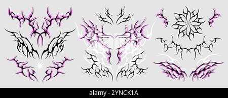 Neo tribal tattoo set. Neotribal gothic butterfly with wings, flame, spike, womb, symmetrical abstract dividers. Cyber sigilism y2k design elements. Celtic gothic body ornaments, emo stylized stickers Stock Vector