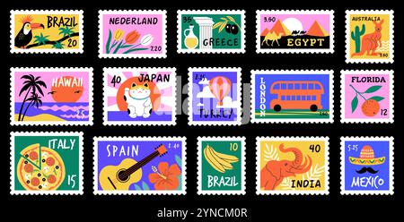 Post stamps. World landmark and architectural objects illustrations on post stamps recent vector template set Stock Vector