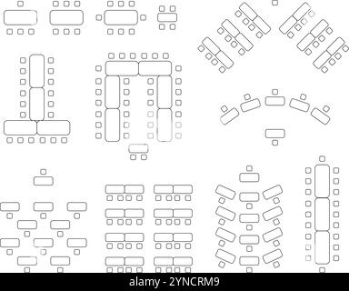 Seating schemes for rectangular tables. Table and chairs top view in different shapes, u and t shape, semicircle. Scheme for wedding lesson lectures Stock Vector