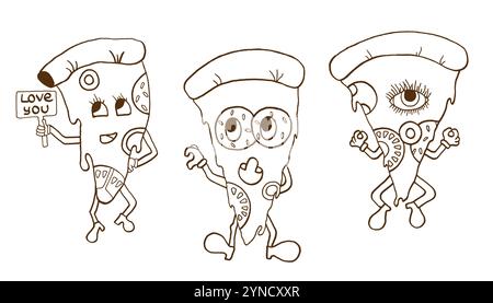 Groovy pizza slice doodle character set. Funny retro hippy pizzeria mascot Stock Vector
