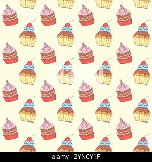 Doodle cupcake seamless pattern. Stock Vector