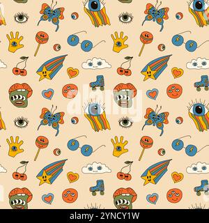 Cool Y2k groovy elements seamless pattern. Stock Vector