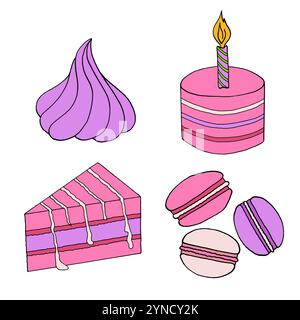 Vector doodle illustration of sweeties. Cake, macaroons, meringue Stock Vector