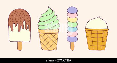 Doodle ice cream collection. Childish hand drawn style of cute sweets Stock Vector