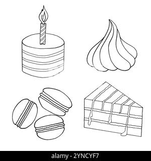 Vector doodle illustration of sweeties. Cake, macaroons, meringue Stock Vector