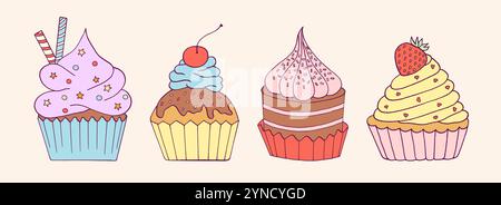 Cute doodle cupcake set. Stock Vector