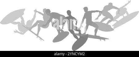 Surfers Surfing on Surf Boards Silhouettes Concept Stock Vector