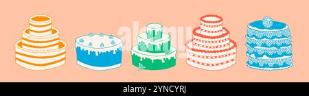 Doodle birthday cake set. Dessert collection Stock Vector