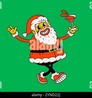 Happy Santa Claus with cocktail. Groovy vintage funny Santa character drinking alcohol. Stock Vector