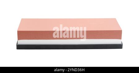 New abrasive sharpening stone isolated on white. Stock Photo