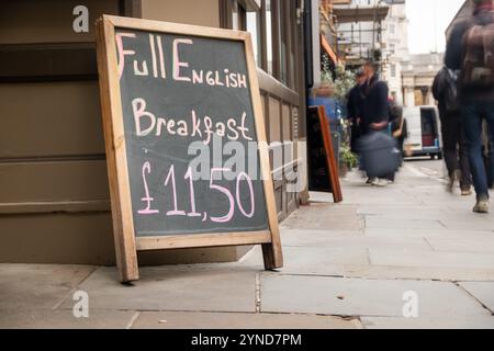 UK- Advertising sign board Full English breakfast. A traditional breakfast of cooked food Stock Photo