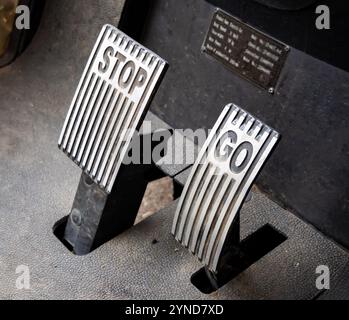 Gas and brake pedals with 'GO' and 'STOP' signs Stock Photo