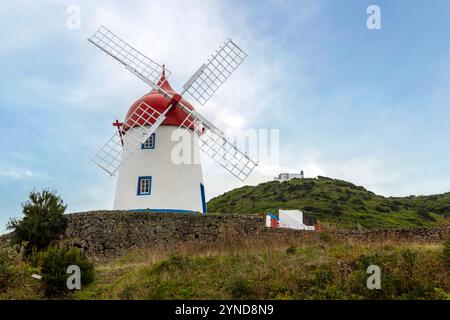 The windmill on Pico das Mentiras is overlooking the town of Santa Cruz da Graciosa, Azores. Stock Photo