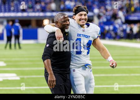 Indianapolis, Indiana, USA. 24th Nov, 2024. Detroit Lions defensive coordinator Aaron Glenn and Detroit Lions linebacker Malcolm Rodriguez (44) after NFL game action against the Indianapolis Colts at Lucas Oil Stadium in Indianapolis, Indiana. John Mersits/CSM (Credit Image: © John Mersits/Cal Sport Media). Credit: csm/Alamy Live News Stock Photo