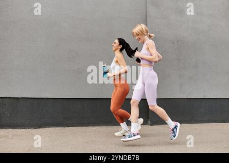 Two vibrant women jog side by side, sharing laughter and happiness in a park setting. Stock Photo