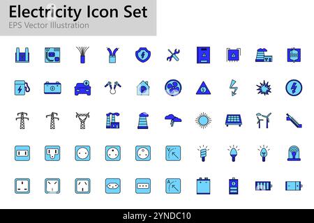 Electricity and power blue icons set. Stock Vector