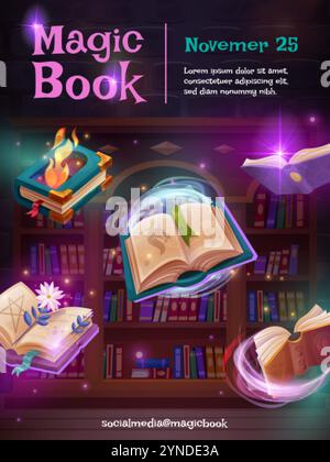 Flying magic books. Wizards school library with floating glowing magical books, reading poster or fantasy game web banner fairy tale storybook read, swanky vector illustration original artwork Stock Vector