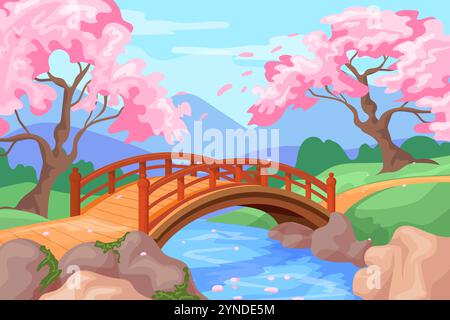 Sakura bridge. Japanese spring beautiful park with bloom cherry trees, path over river in asian garden japan forest chinese scene cartoon panorama scenery, neat vector illustration original artwork Stock Vector