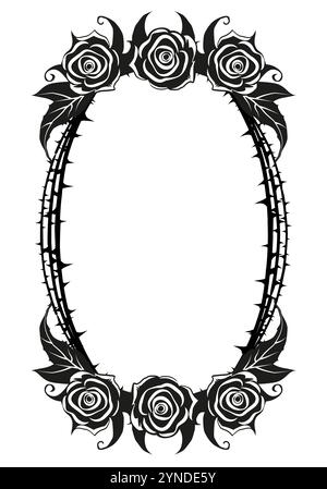 White thorn frame surrounded with roses and leaves in gothic tattoo